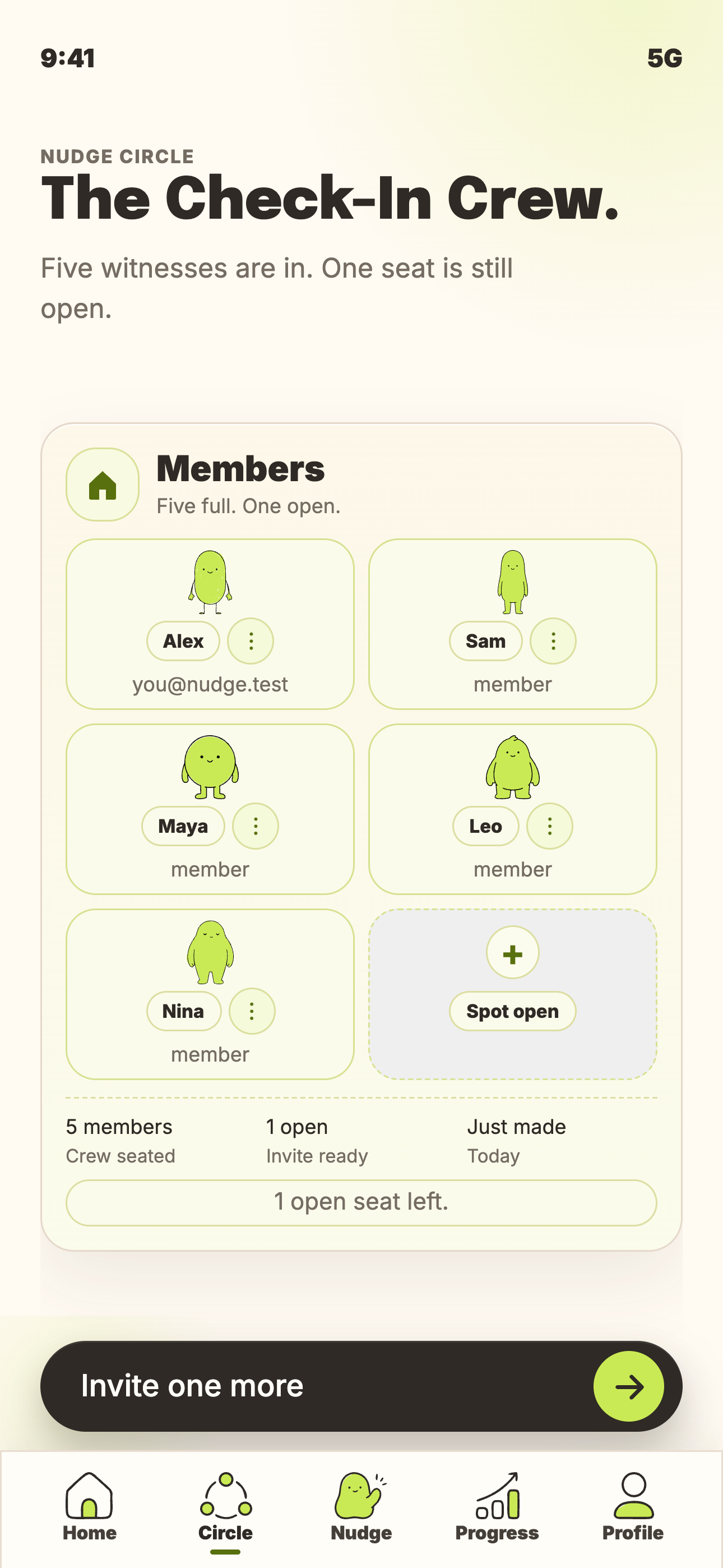 Nudge Society circle roster screen